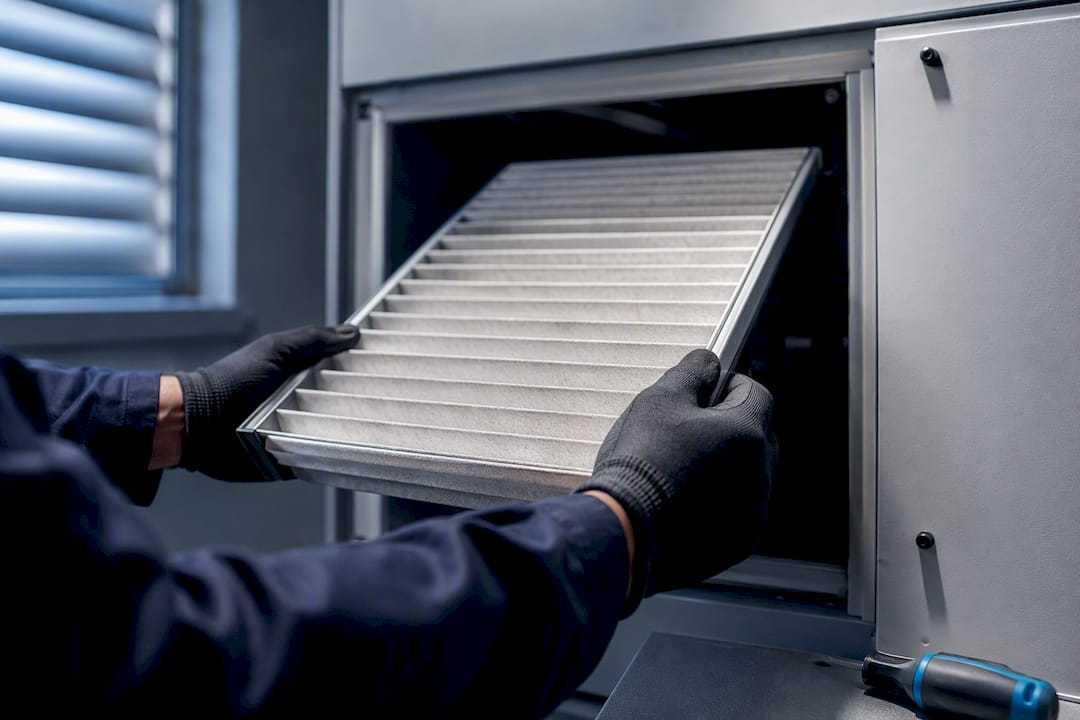 Technician replacing gym ventilation filter