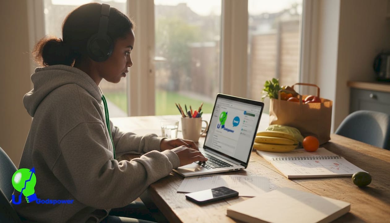 Woman uses marketing tools at kitchen table