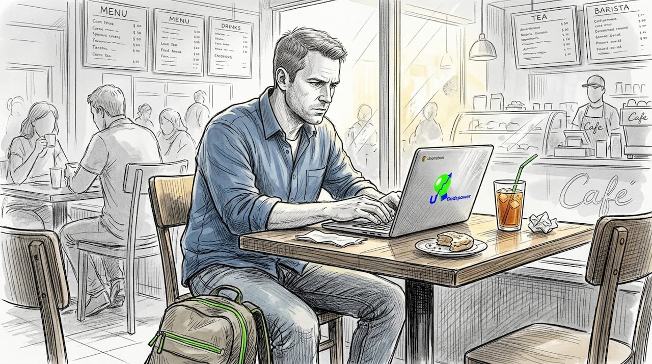 Man working remote job at busy café