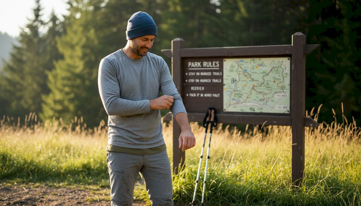 Man adjusting layered outfit at park trailhead