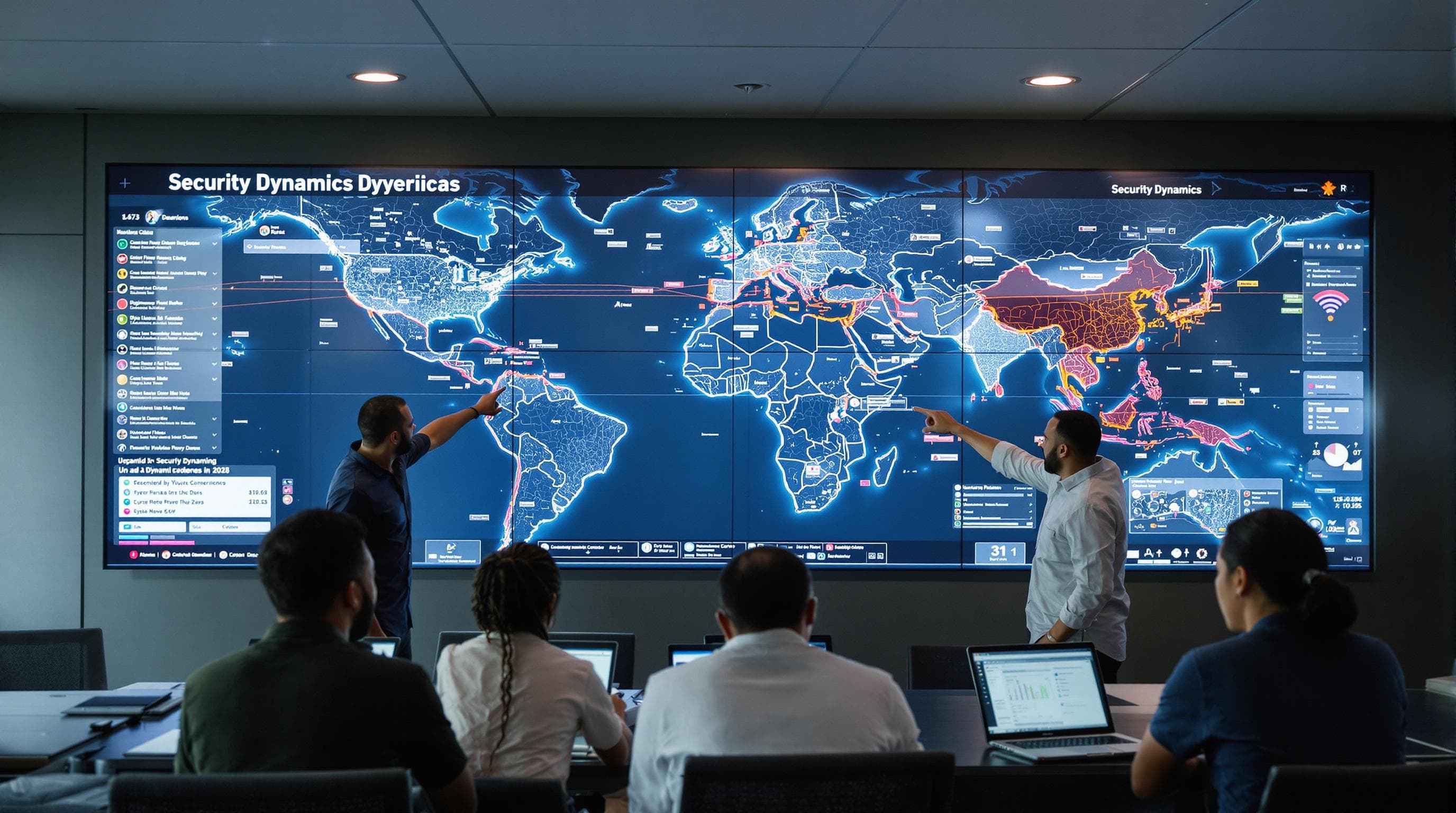 Security analysts collaborating in modern control room with digital maps