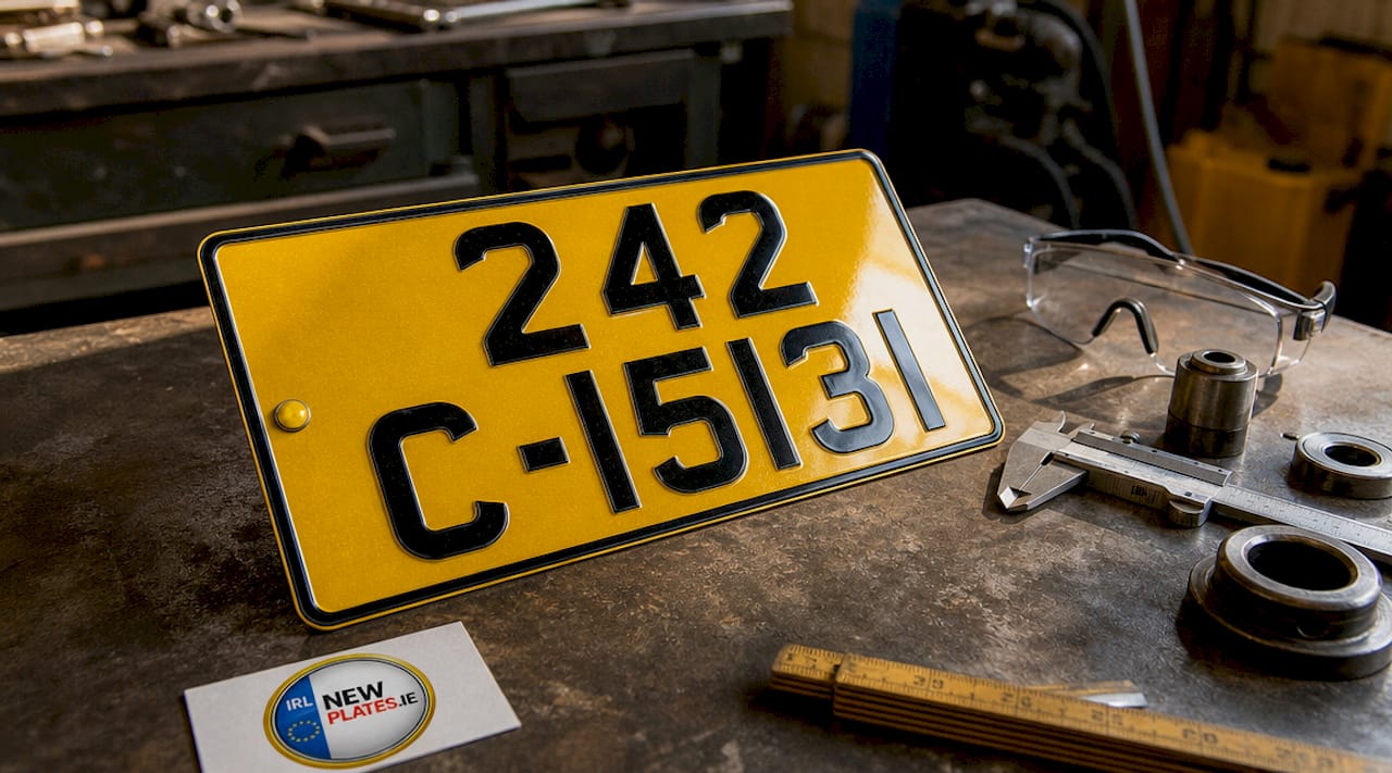 Close-up of reflective Irish motorcycle number plate