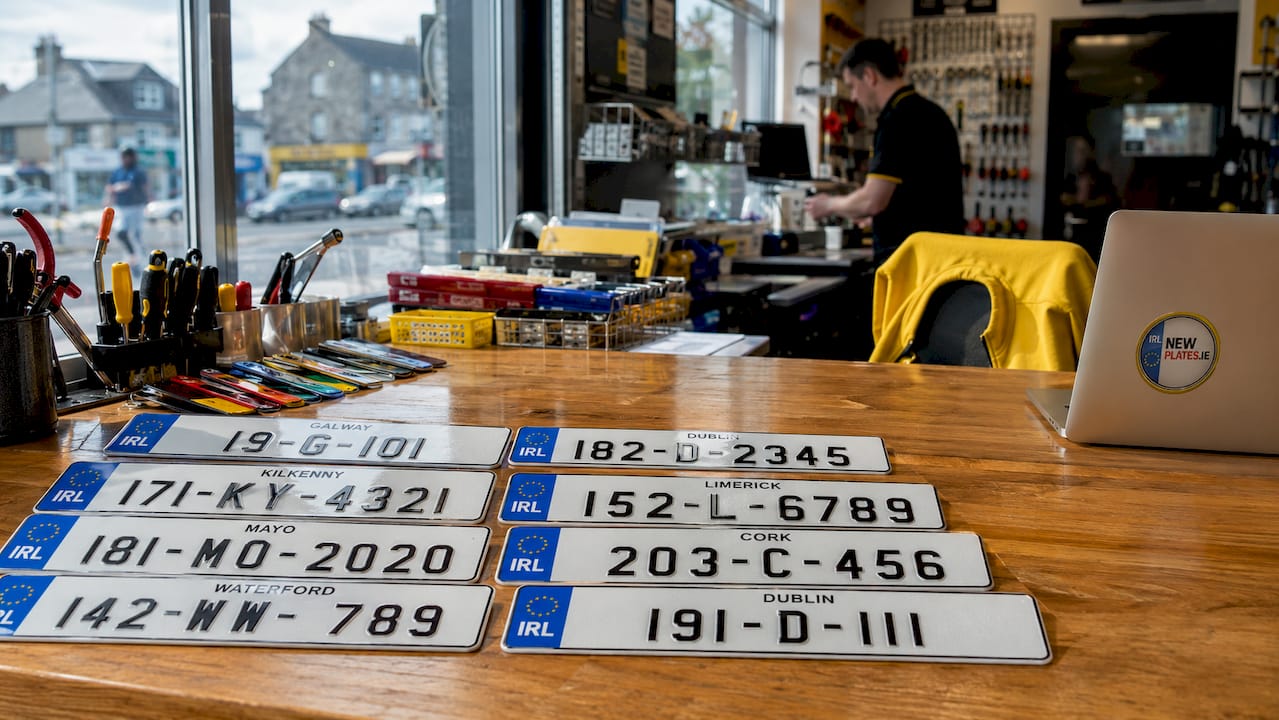 Close-up of Irish plates with county codes and tools