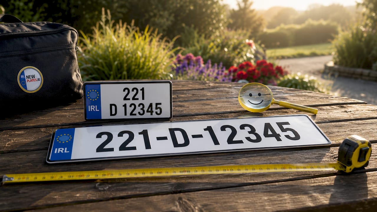 Comparison of motorcycle and car license plates on table