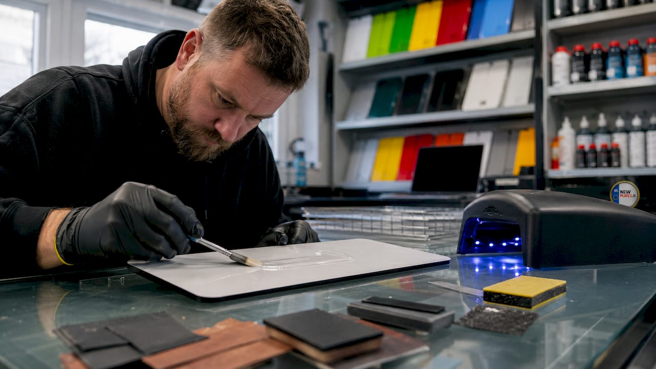 Technician applying UV-cured gel coating in workshop