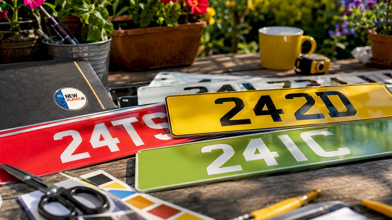Close-up of high-contrast custom license plates