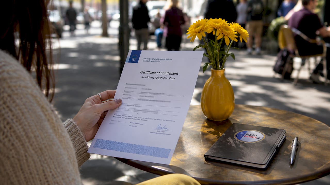 Hand holding certificate of entitlement for Irish plate