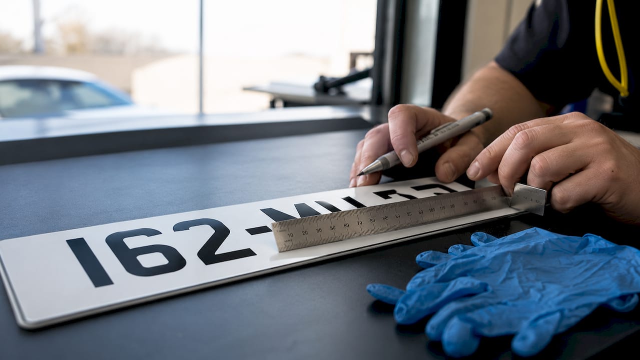 Close-up of Irish number plate with measurement ruler
