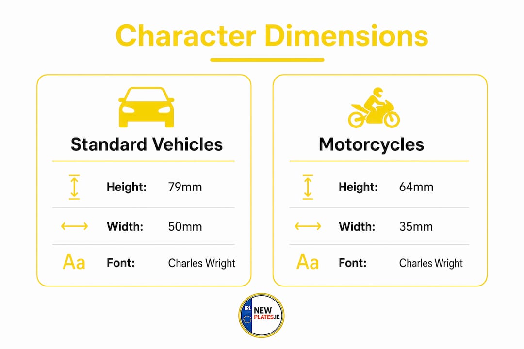 Infographic comparing Irish number plate sizes for vehicles and motorcycles