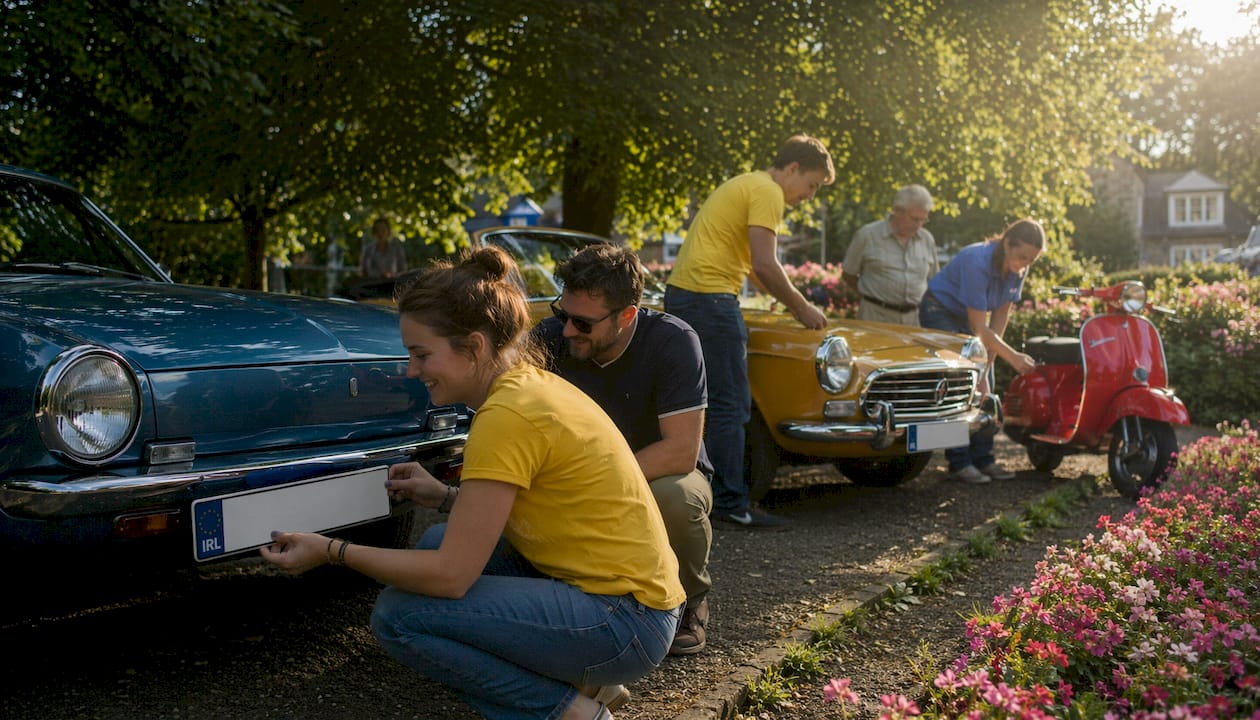 People attaching exhibition plates to vintage vehicles