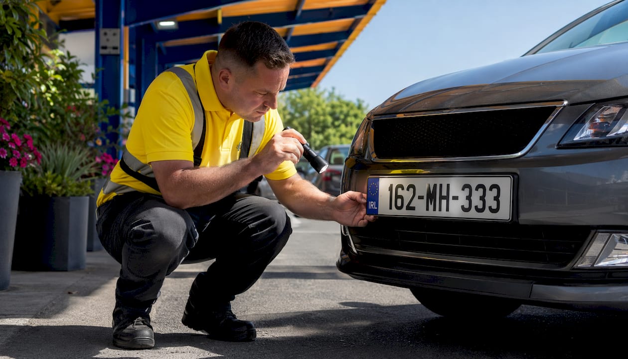 Inspector checking car number plate at NCT station