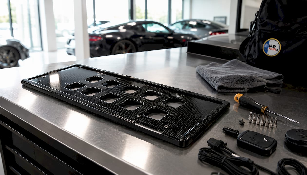 Close-up of carbon fiber show plate on workbench
