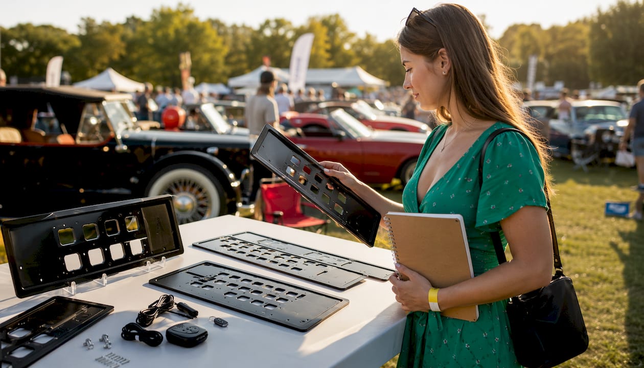 Woman viewing award-winning car show plates display