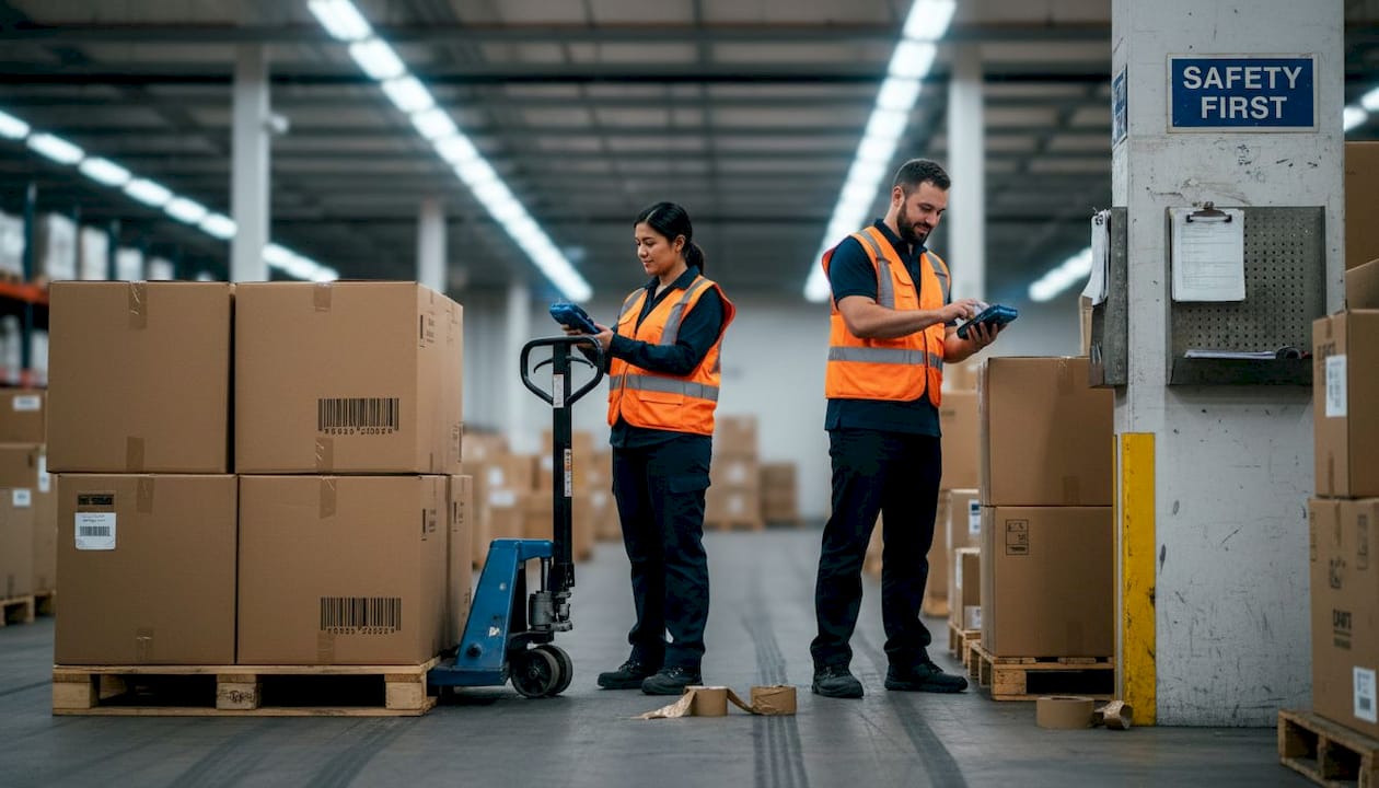 Logistics workers scanning inventory in warehouse aisle