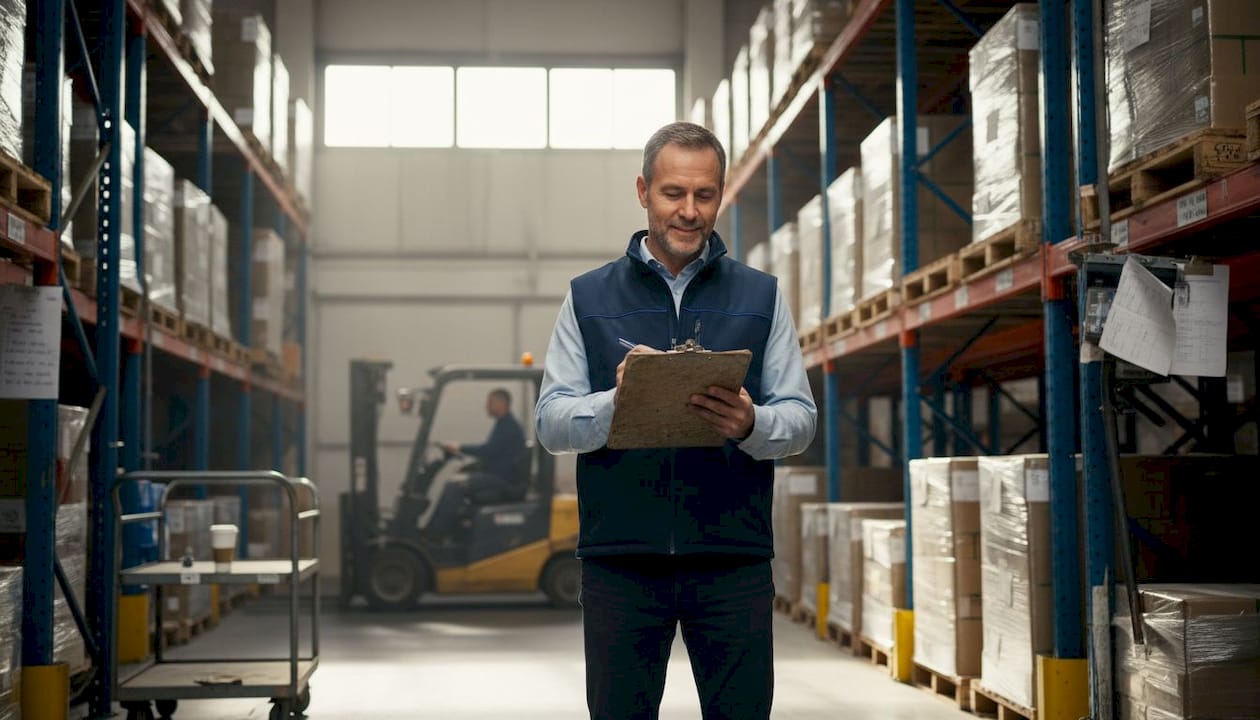 Warehouse manager checking long-term storage inventory