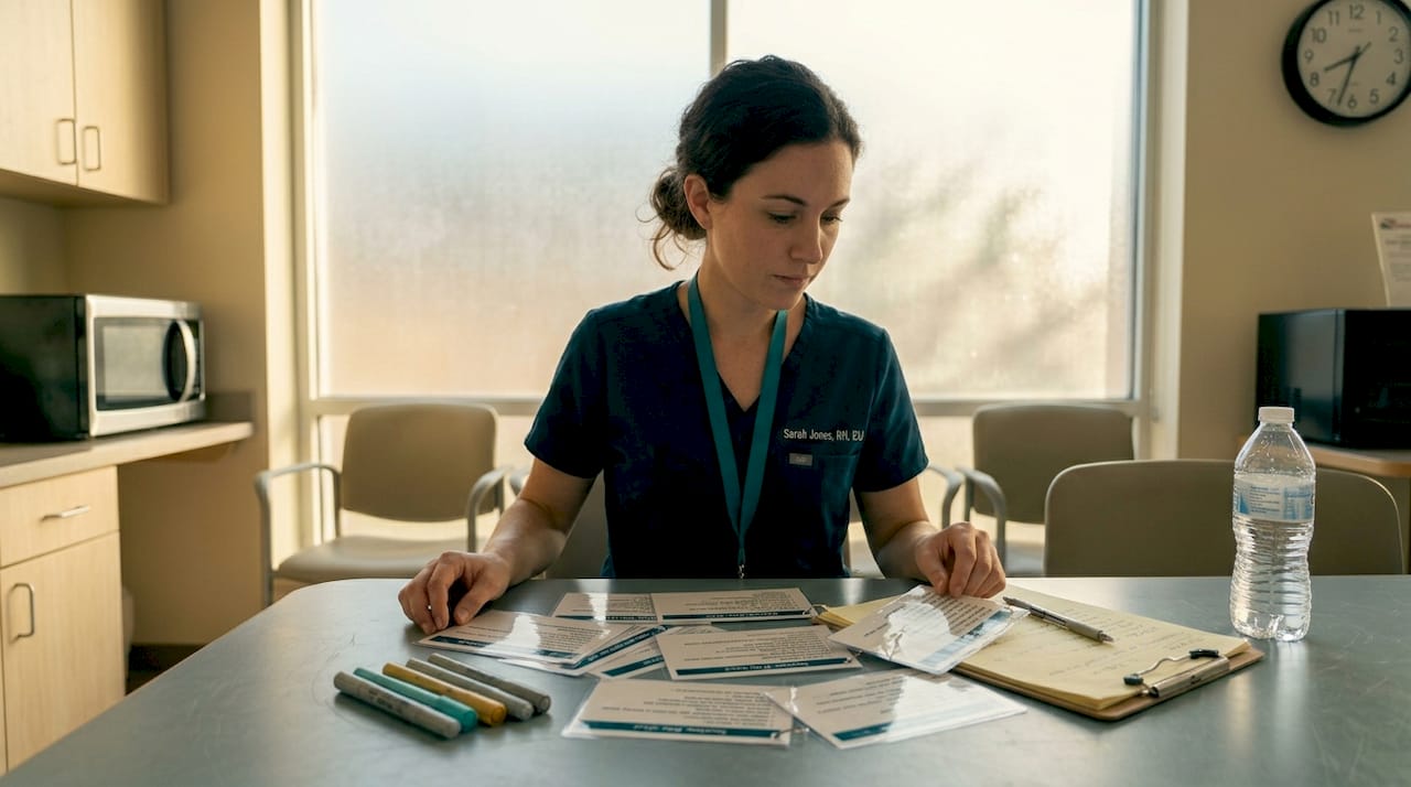 Nurse reviews flashcards for CCRN exam
