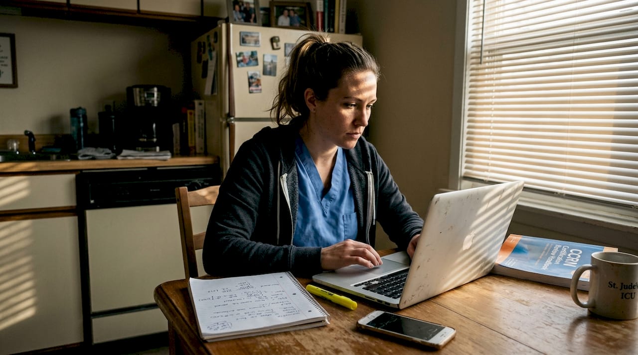 Nurse studying for CCRN exam at kitchen table