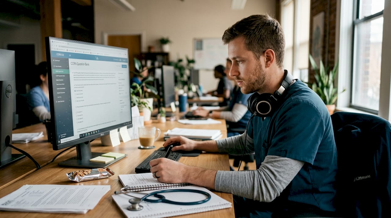 Nurse taking CCRN practice test at desk