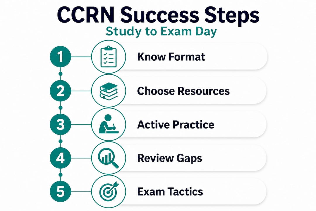 Infographic of numbered CCRN exam success steps