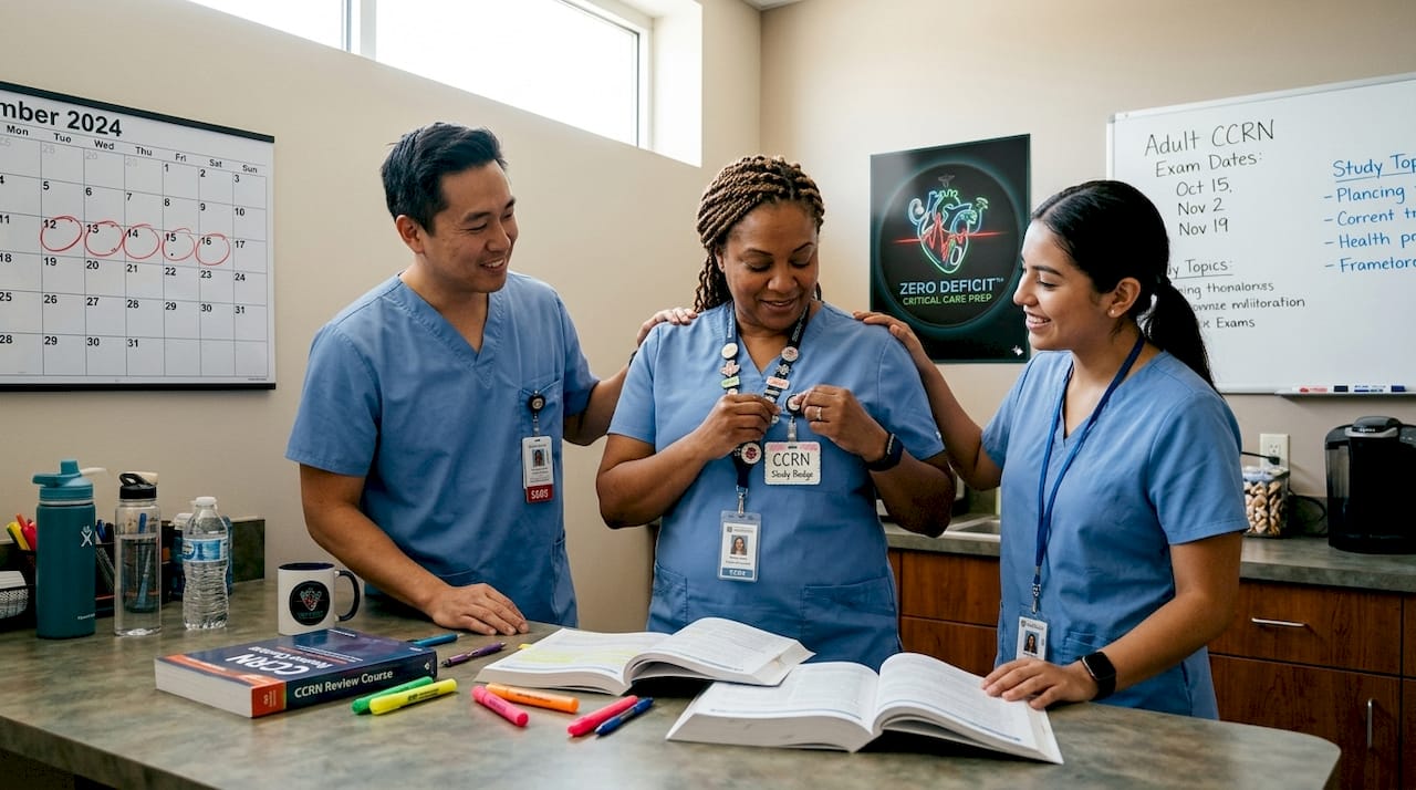 Three nurses share peer support for CCRN study badge