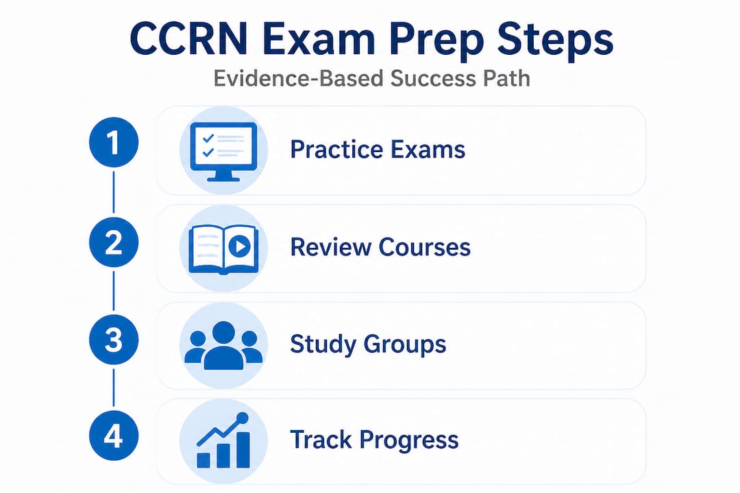 Infographic showing four steps for CCRN exam prep success