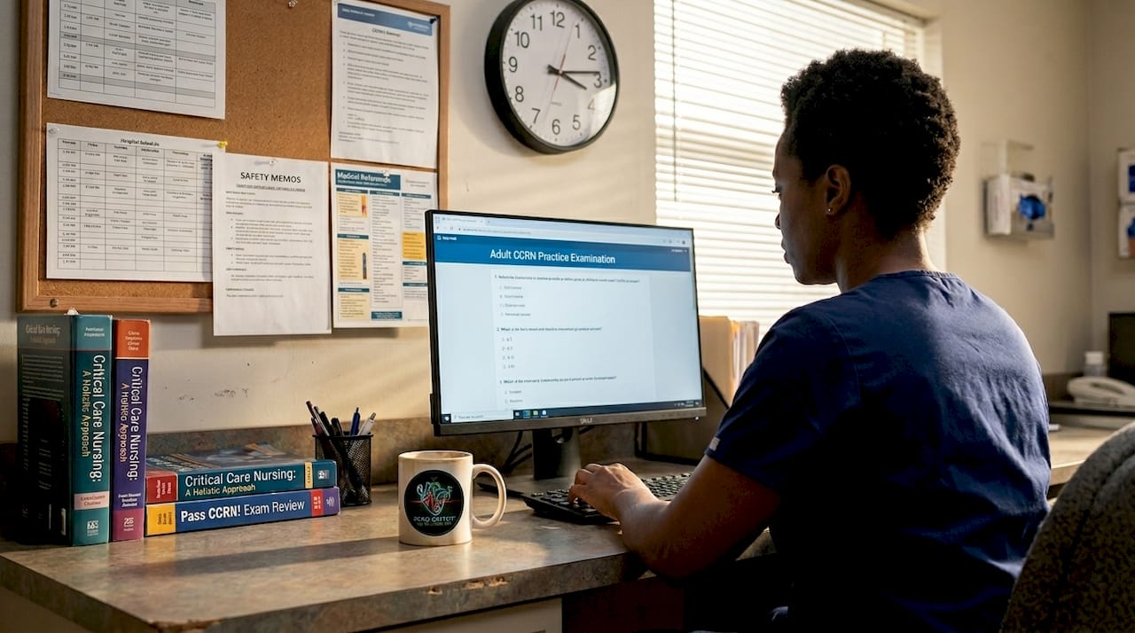Nurse taking CCRN practice exam at desk