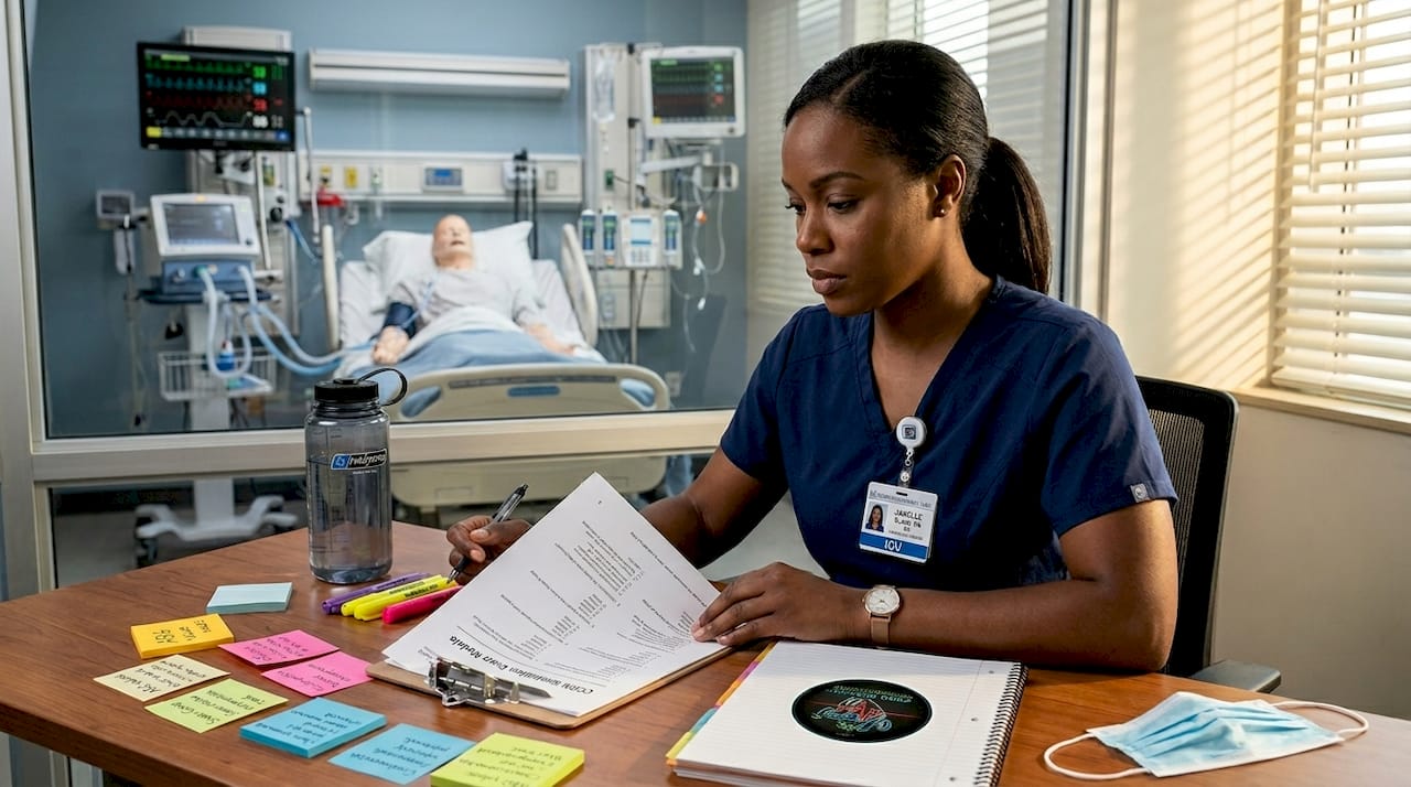 Nurse practicing for CCRN exam in simulation room