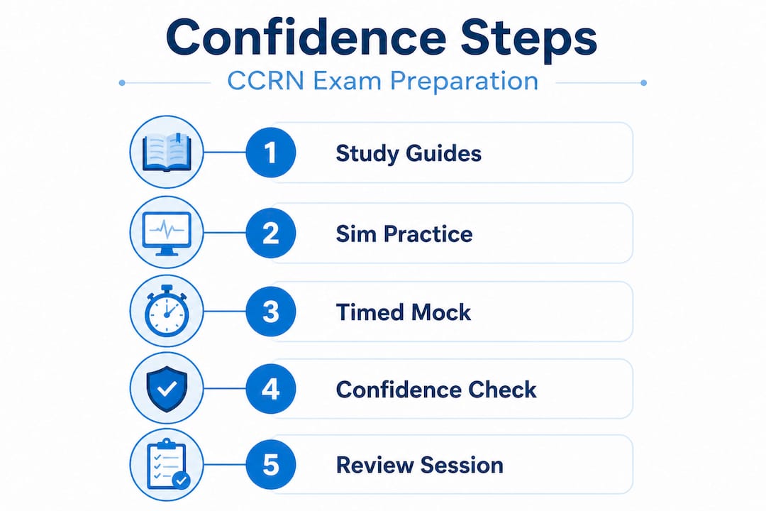 Infographic showing step-by-step CCRN exam confidence strategies