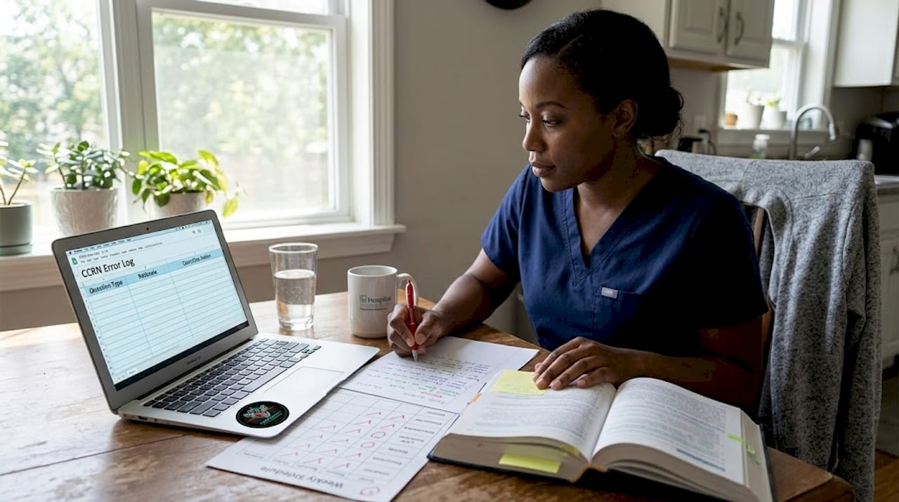 Nurse reviews CCRN exam error log at home table