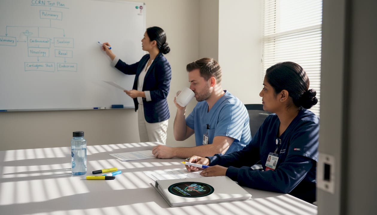Educator coaching nurses in hospital classroom