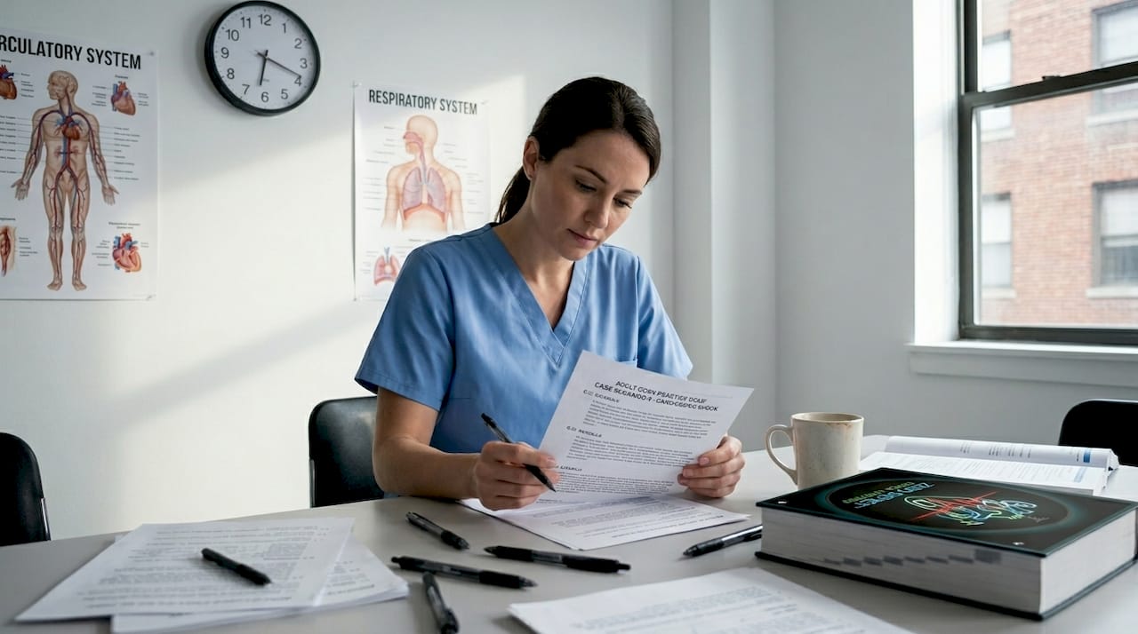 Nurse reviewing CCRN exam assessment rationale