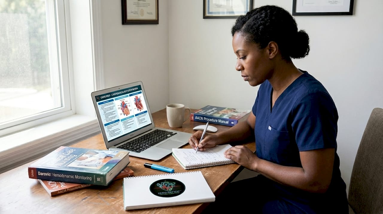 Nurse reviewing body system guides at desk