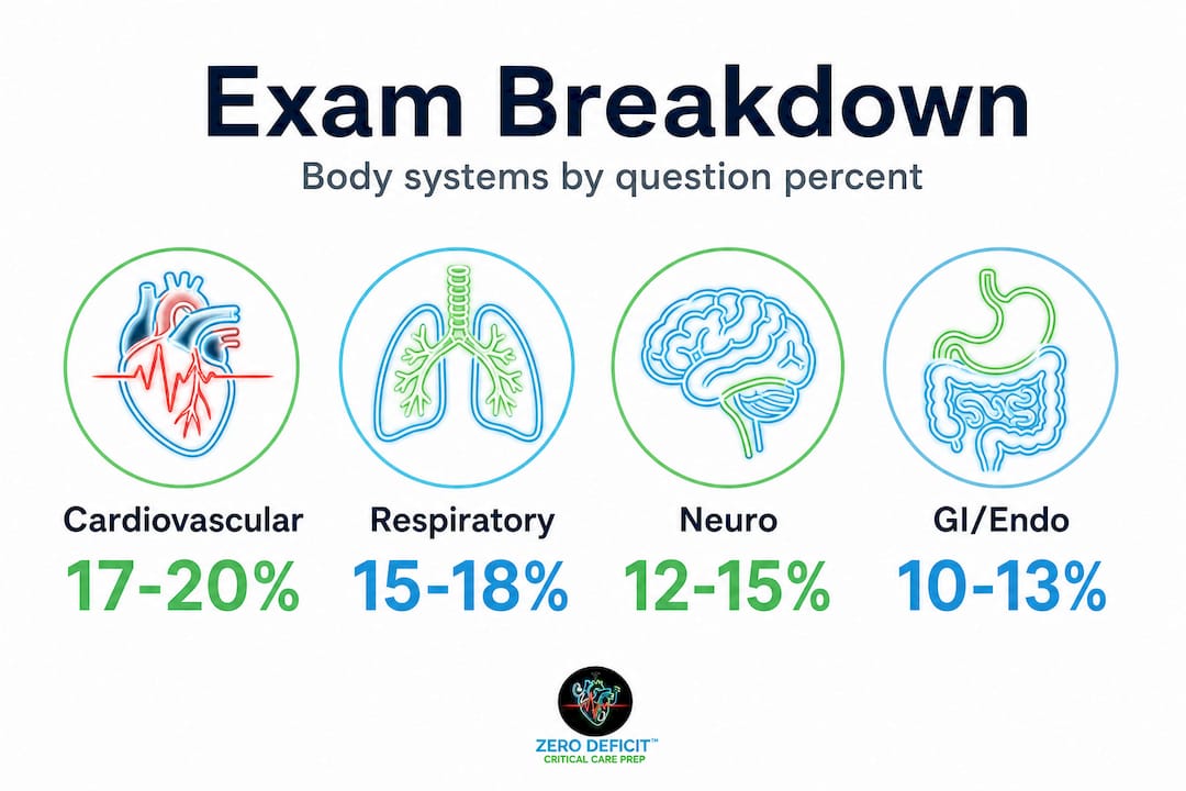Infographic with CCRN body system exam statistics