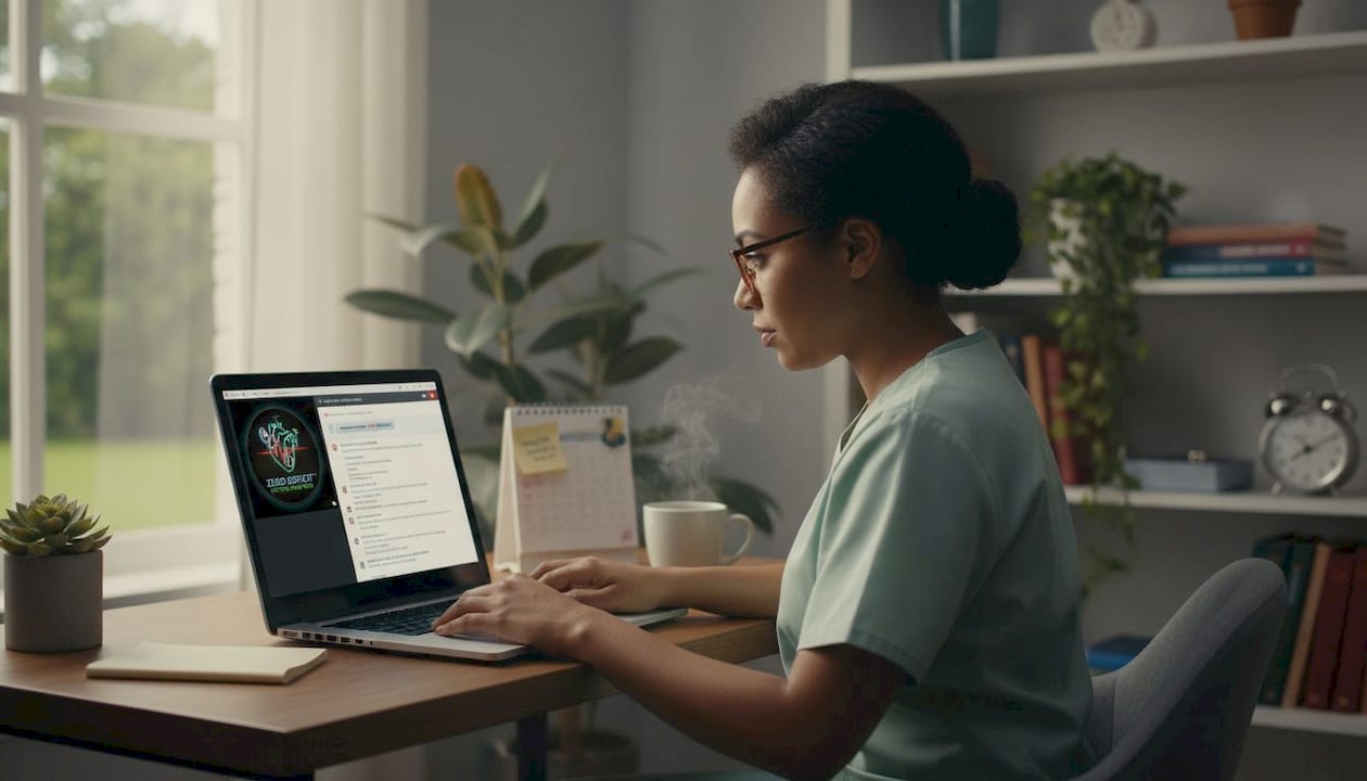 Nurse in scrubs taking computerized exam