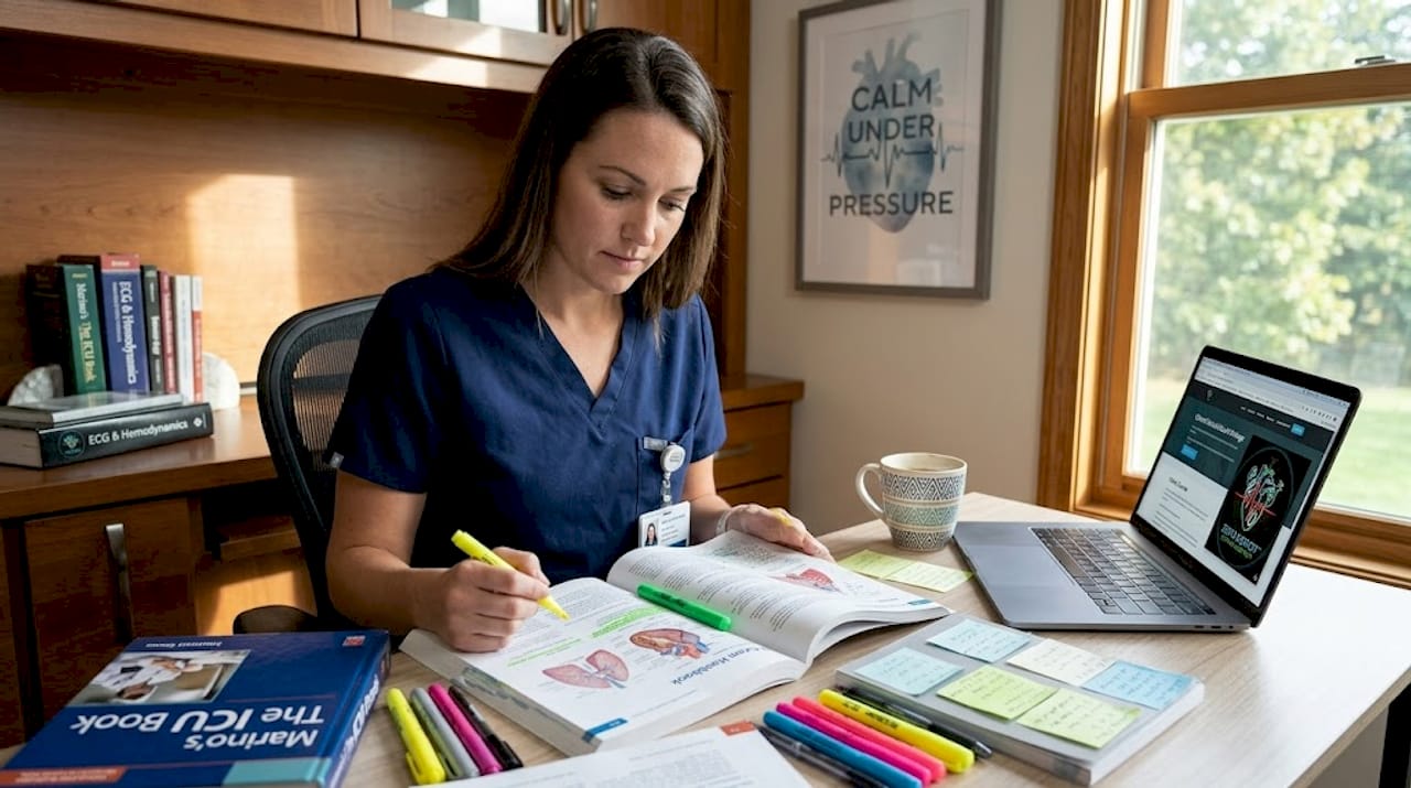 Nurse studying for CCRN exam at kitchen table