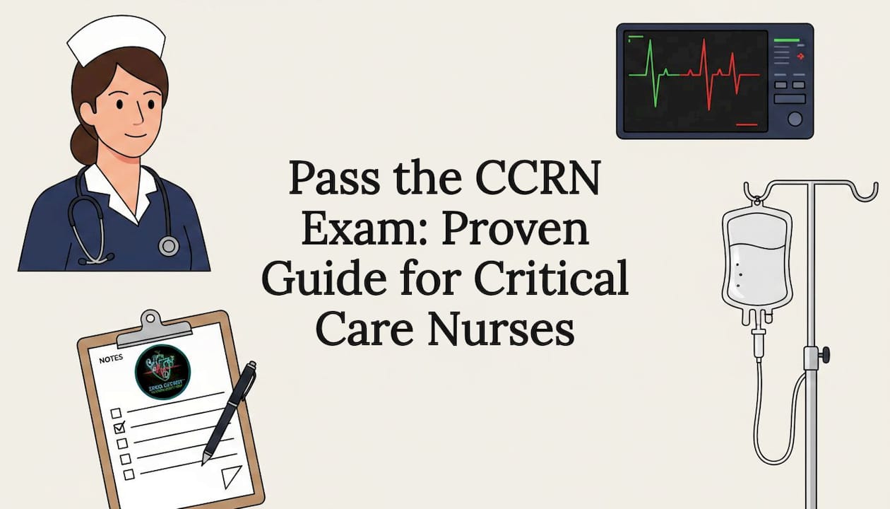 Decorative title card for critical care nurse exam guide