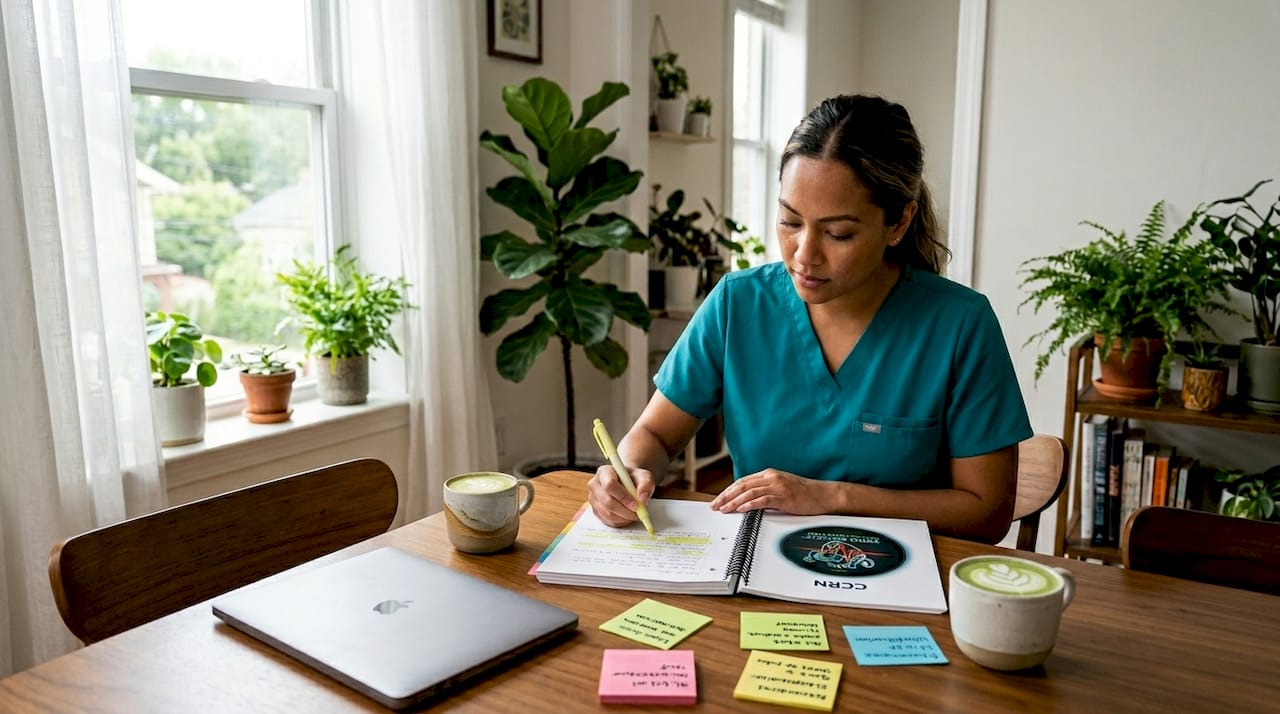 Nurse reviewing CCRN notes at kitchen table