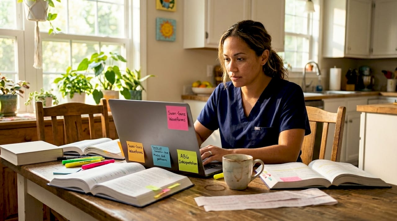 Nurse studying CCRN rationales at kitchen table
