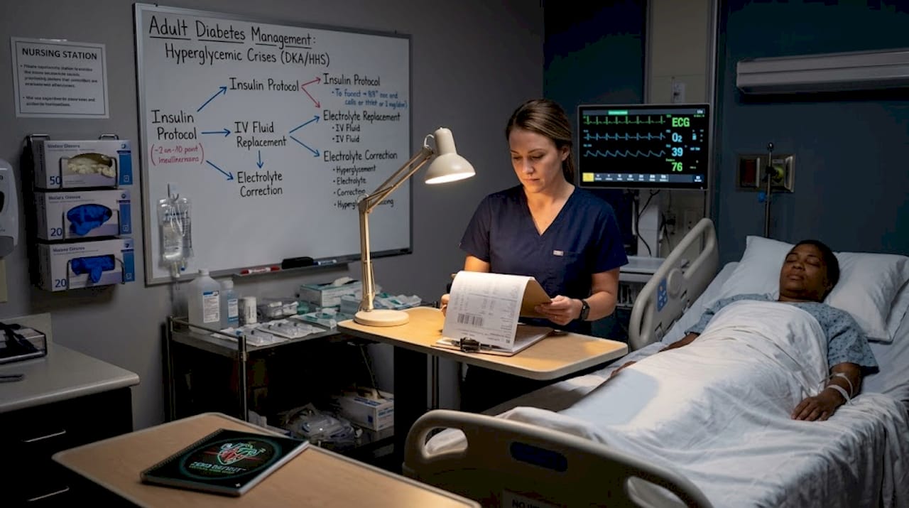 Nurse reviewing labs for DKA and HHS patient