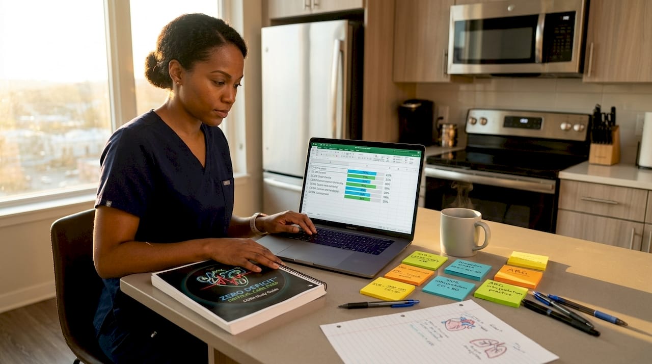 Nurse updating CCRN study spreadsheet at home