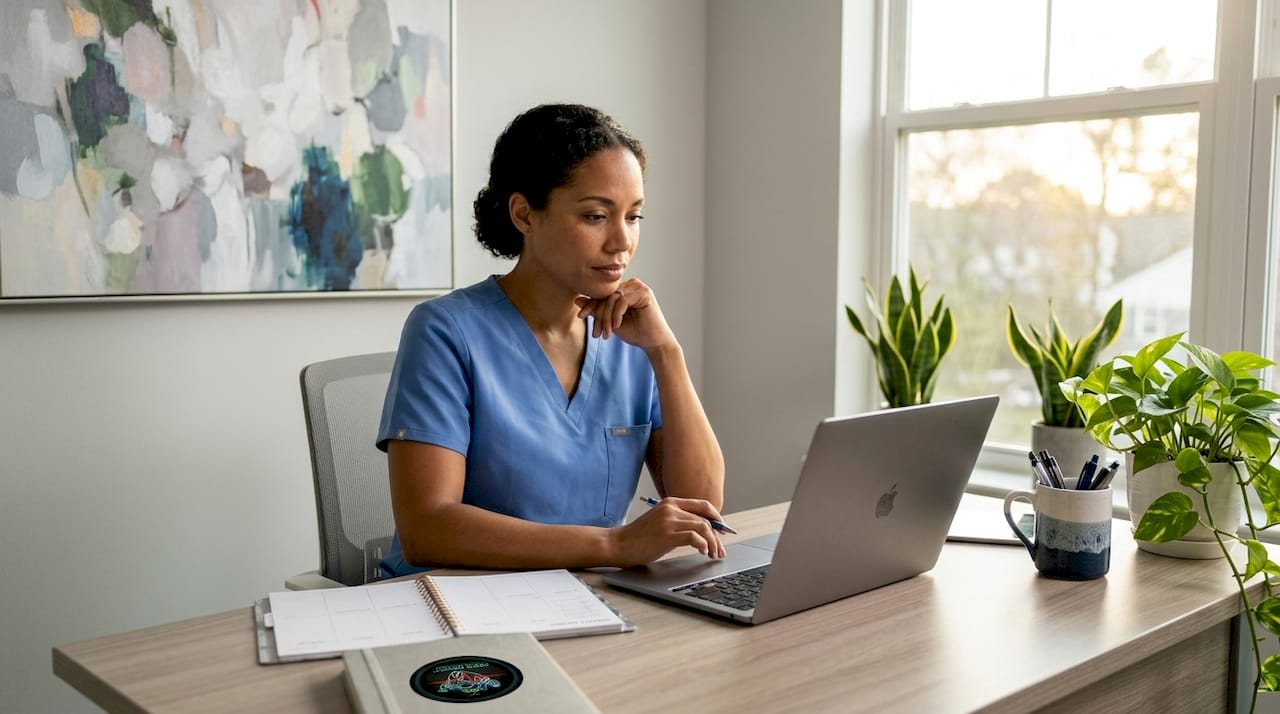 Nurse in scrubs studying with laptop in kitchen