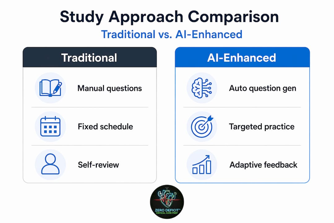 Infographic comparing traditional and AI-enhanced CCRN study methods