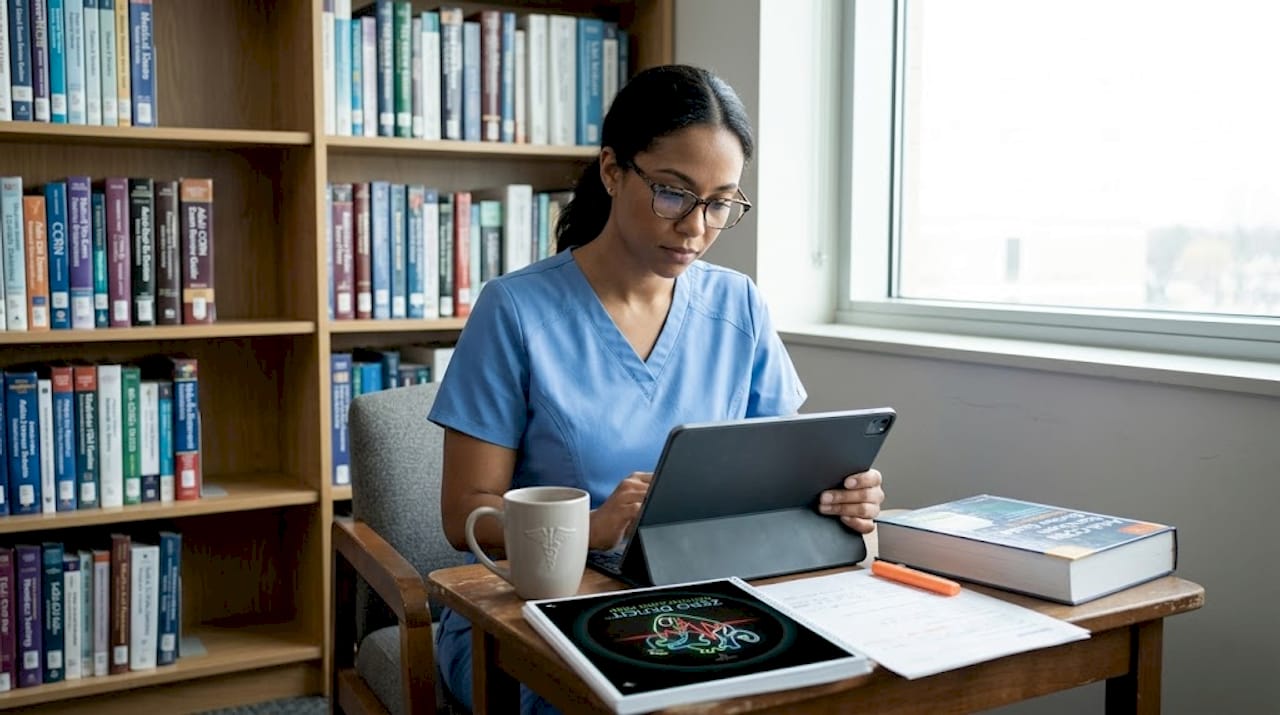 ICU nurse studying CCRN exam practice questions