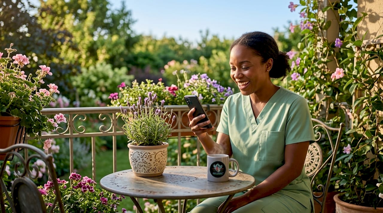 Nurse in scrubs smiling at exam results on phone