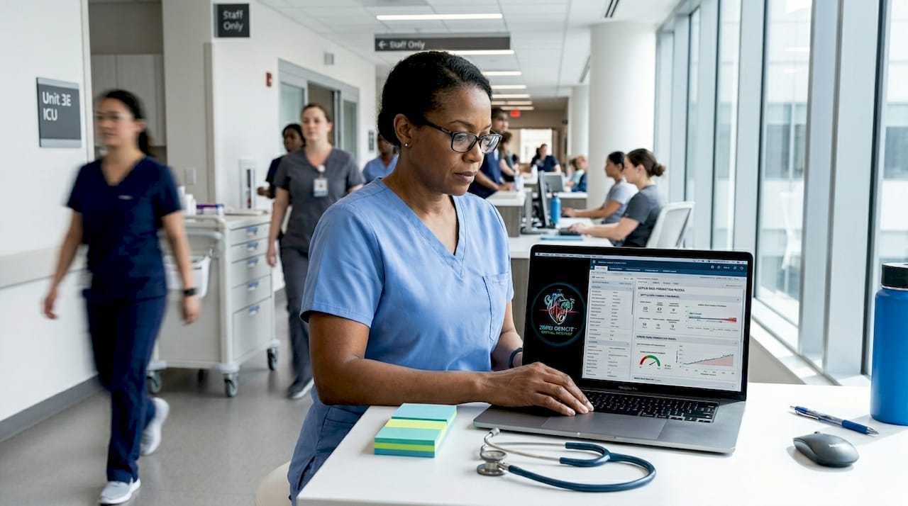 ICU nurse reviews digital patient charts at workstation