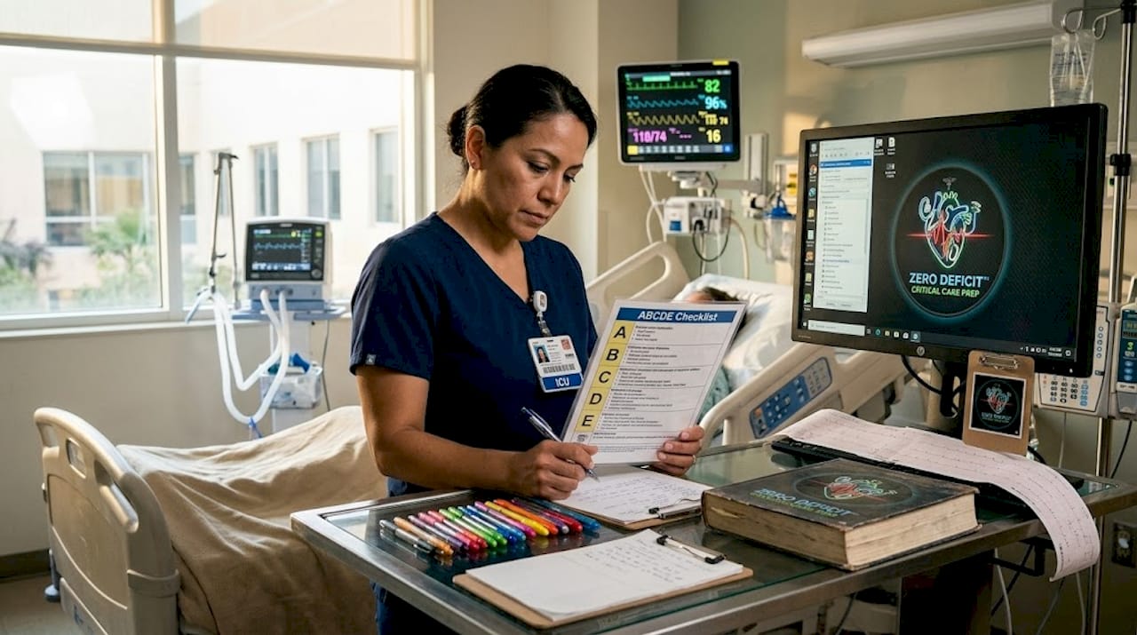 Nurse uses ABCDE mnemonic by bedside in ICU