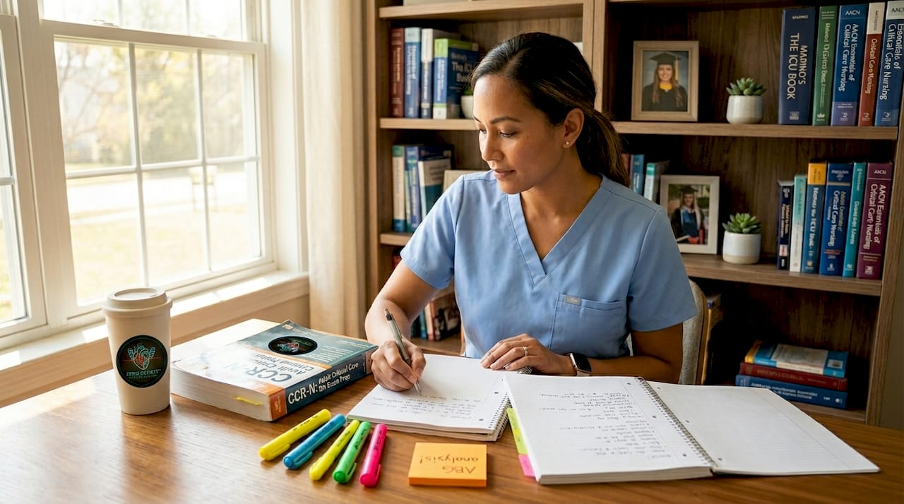 Nurse studying for CCRN at home desk