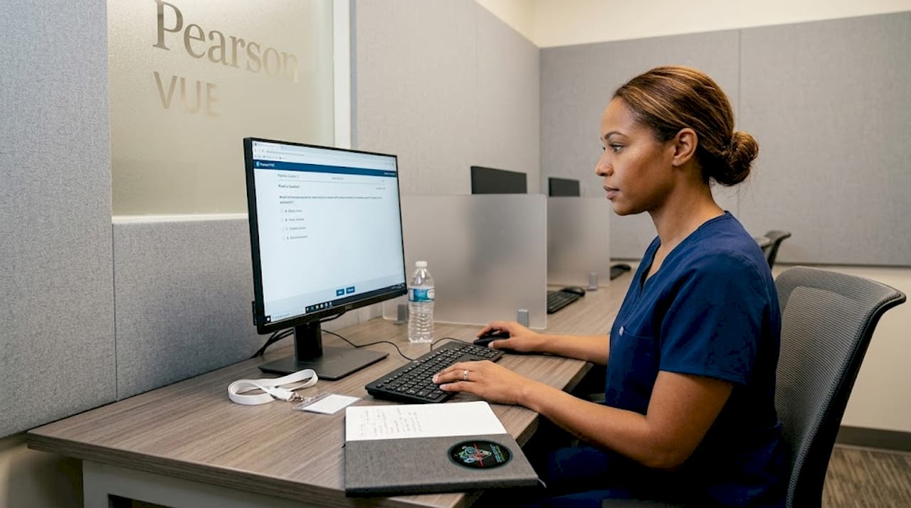 Nurse practicing CCRN exam at testing center