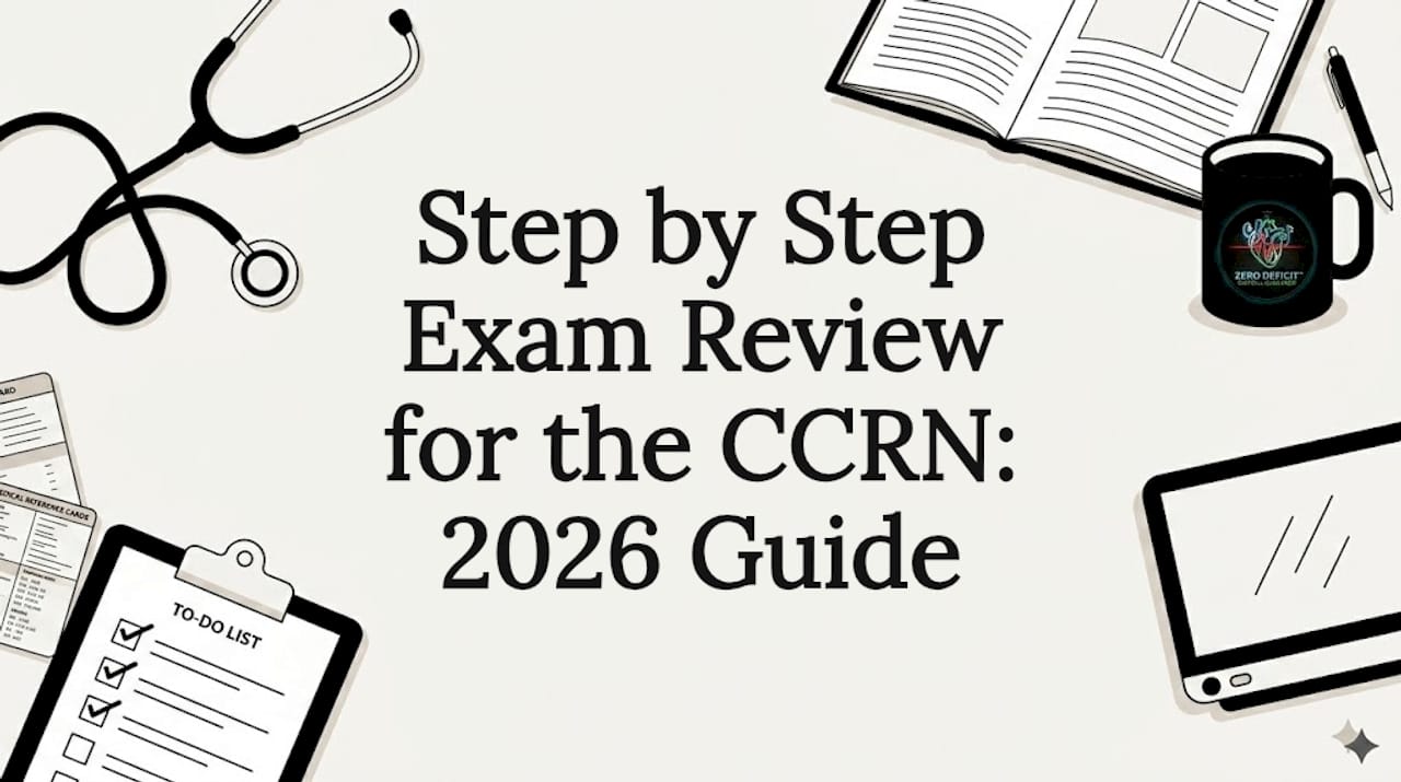 CCRN exam guide title card with medical-themed illustration