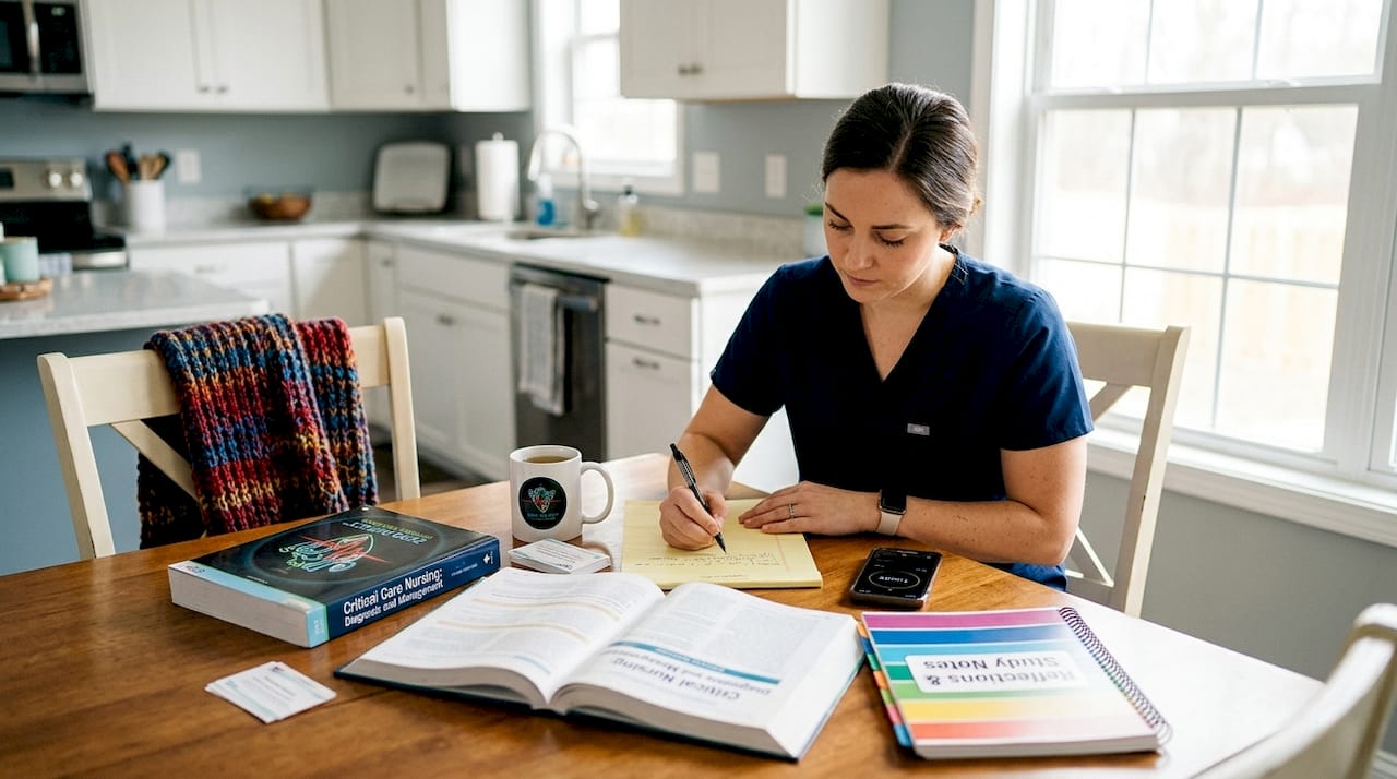 Nurse studying CCRN exam material at dining table